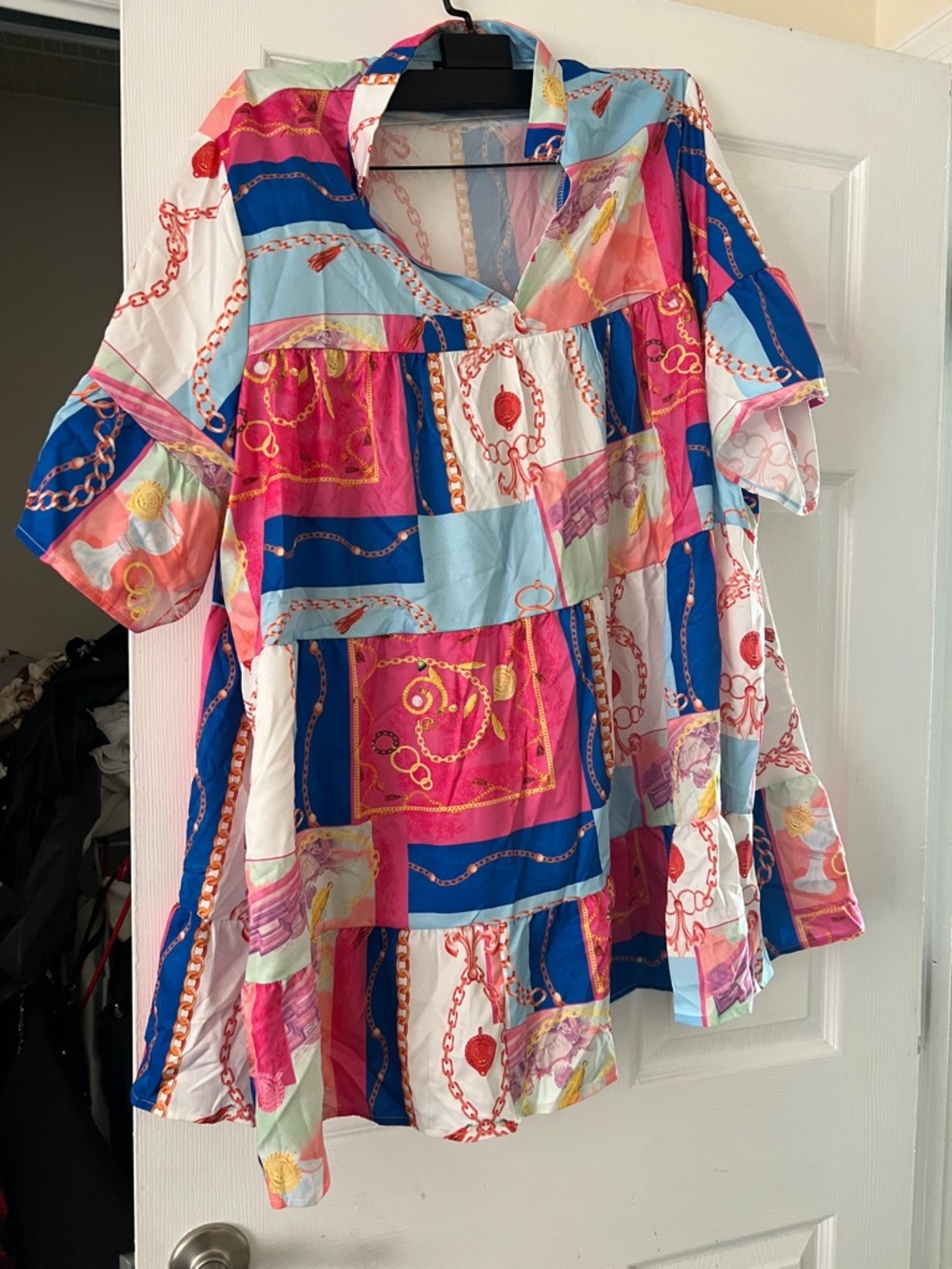 Colorblock Chain-Print Short Sleeve dress - Pink & Blue